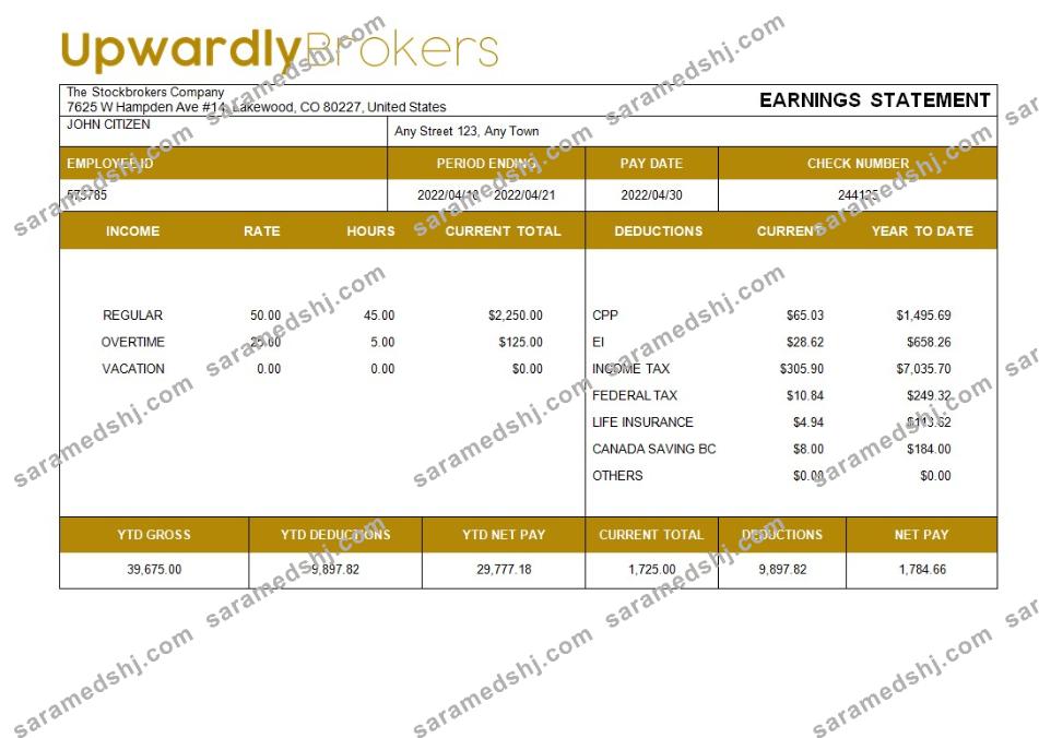 stockbrokers company payslip template in Word and PDF formats